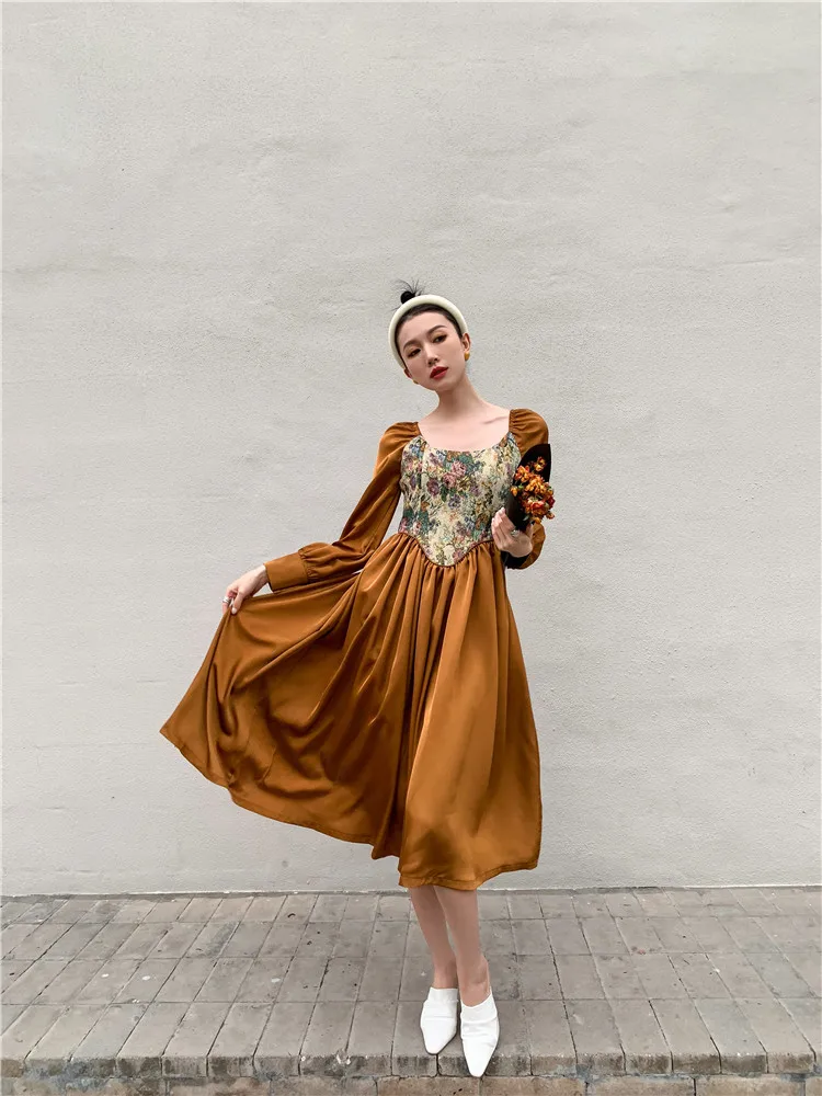 CHEERART Vintage Jacquard Long Sleeve Tunic Dress Women Autumn A Line Square Neck Floral Midi Ladies Gold | Женская одежда