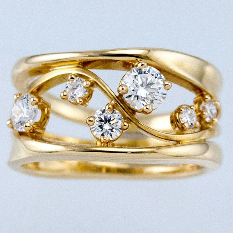 

2021 China New Fashion Alloy Wave Geometric Line Ring Gold Inlaid Zircon Gold Ladies Ring Jewelry