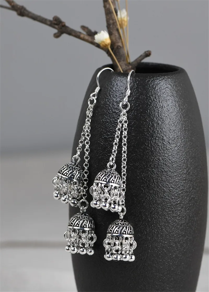 

Vintage Women Silver Dangle Earrings Boho Jewelry Ladies Retro 925 Sterling Silver Round Bell Long Tassel Jhumka Earrings