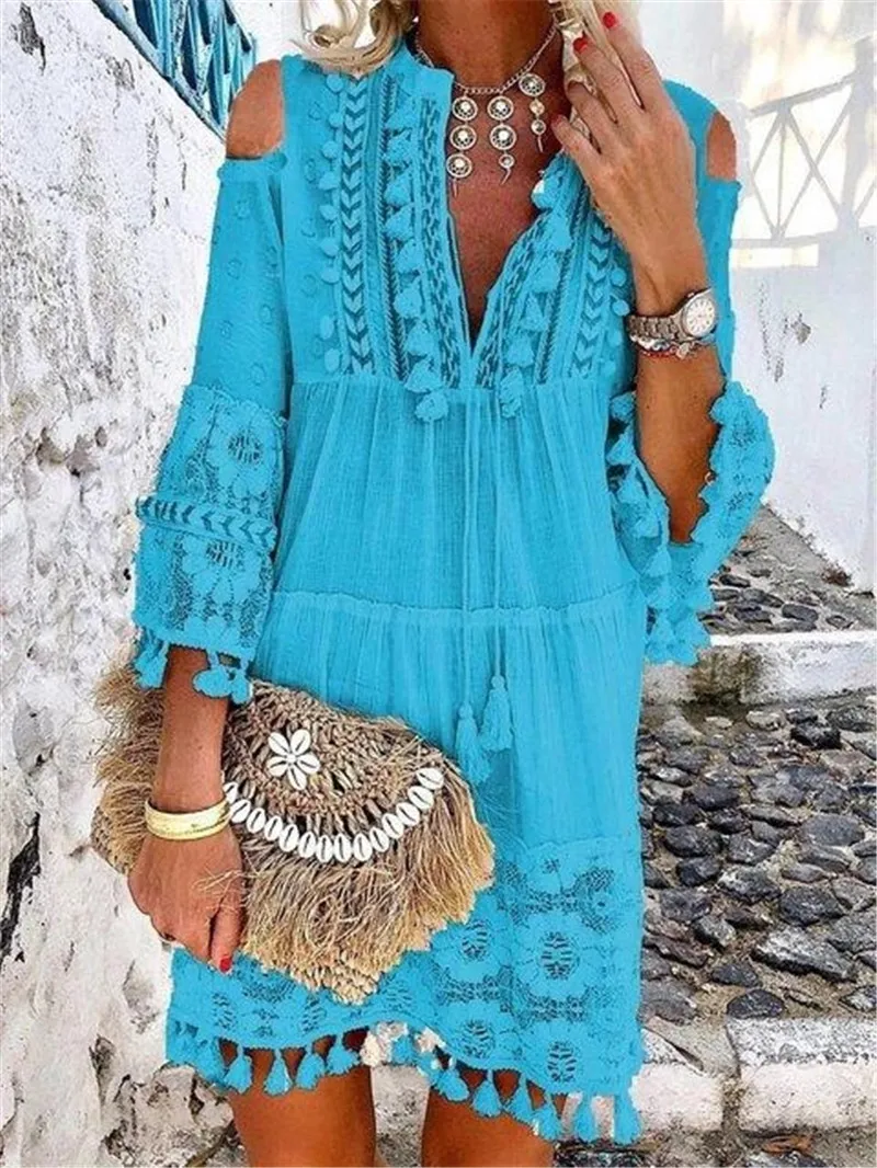 

Fashion EU Boho Mini Dress Women Autumn Pop Tassel loose V Neck Dresses Lady Beach Female Clothing