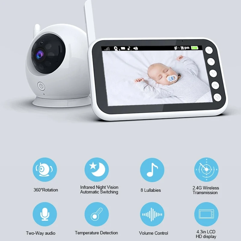

Video Baby Monitor 2.4G Wireless with 4.3-inch Two-way Audio Call Night Vision Surveillance Security Camera Baby Sitter Feeding