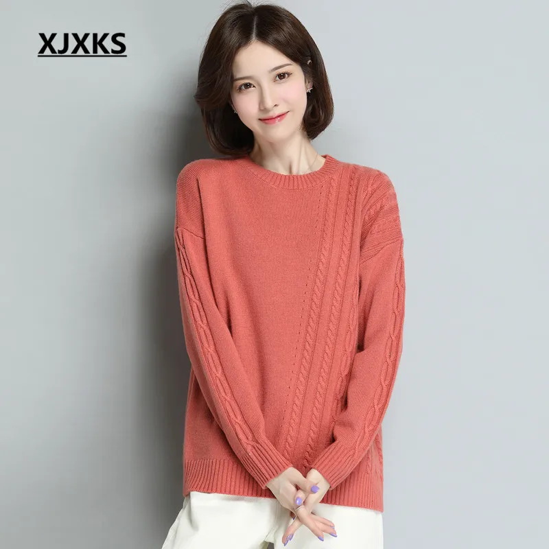 XJXKS Round neck long sleeve women sweater autumn winter new large size comfortable cashmere knitted sweater women pullover