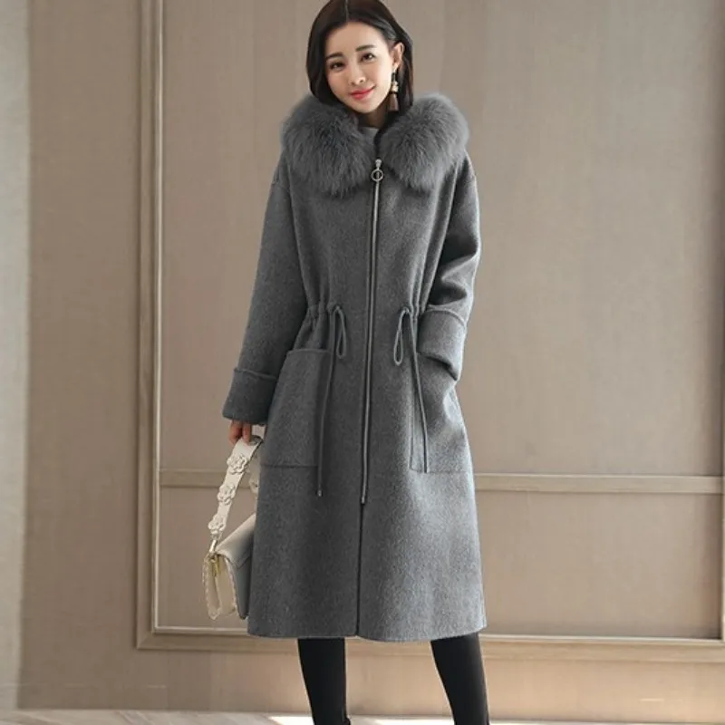 Женское шерстяное пальто с меховым воротником длинная куртка капюшоном