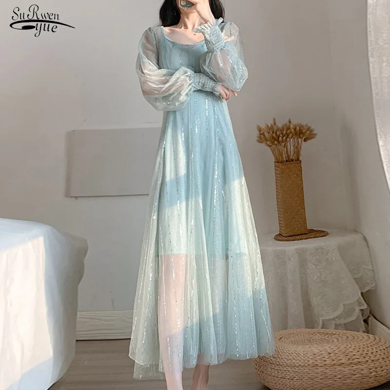 2021 Летнее Длинное Элегантное платье из сетчатой ткани с длинным рукавом платья