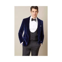2022 Latest Shawl Collar Design Men's Navy Blue Velvet Suits Custom Made One Button Fashion Casual Wear Blazer 3 Pieces Skinny (4)