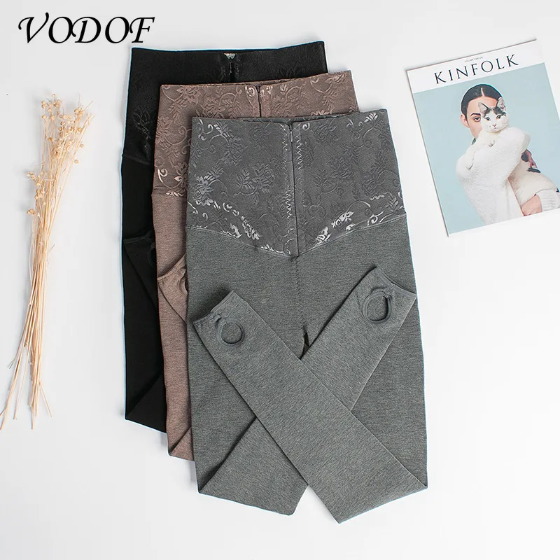 VODOF  Women High Waist Lace Stitching Fitness Pants Women Push Up Thick Casual Gym Leggings Skinny Velvet Warm Leggings
