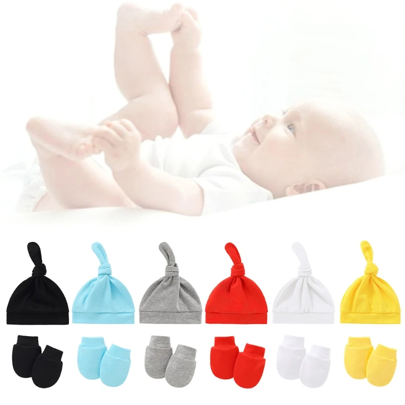 

Baby Anti-scratching Gloves Knotted Hat Set Newborn Mittens Warm Beanie Cap Kit Shower Gifts