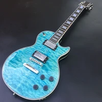 custom electric guitar mahogany body quilted maple top rosewood fingerboard block inlay chrome hardware trans blue gloss finish