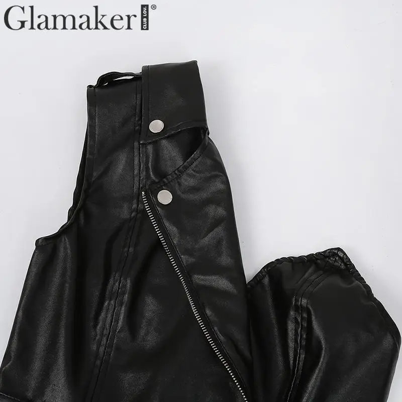Glamaker из искусственной кожи, черное платье с открытыми плечами и ремнем, сексуальное Клубное облегающее платье на молнии, модные женские асимметричные платья с открытой спиной