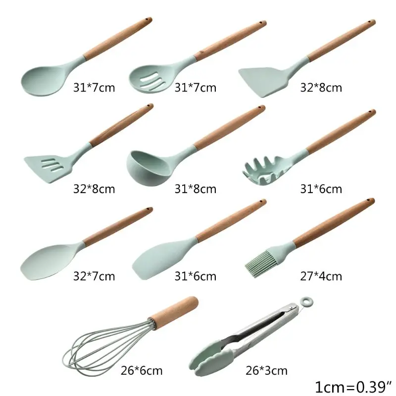 

Non-toxic Silicone Kitchen Cooking Utensils Set Natural Wooden Handles Cooking Tools Turner Tongs Spatula Spoon Cookware