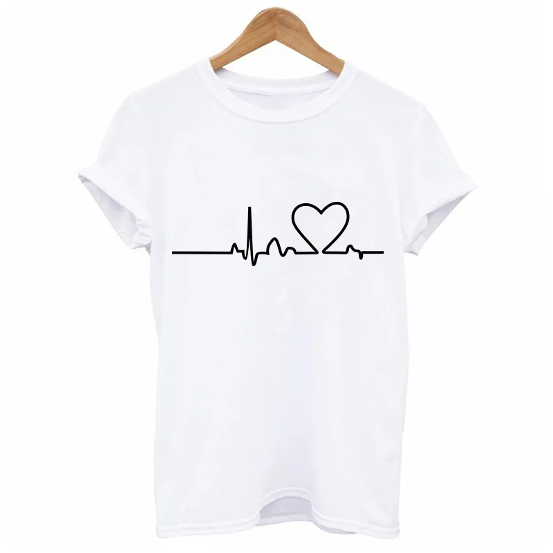 Summer Short Sleeve Female T Shirt O-neck Harajuku Love Printed Women T-shirts Casual Tee Tops Heartbeat Clothing | Женская одежда