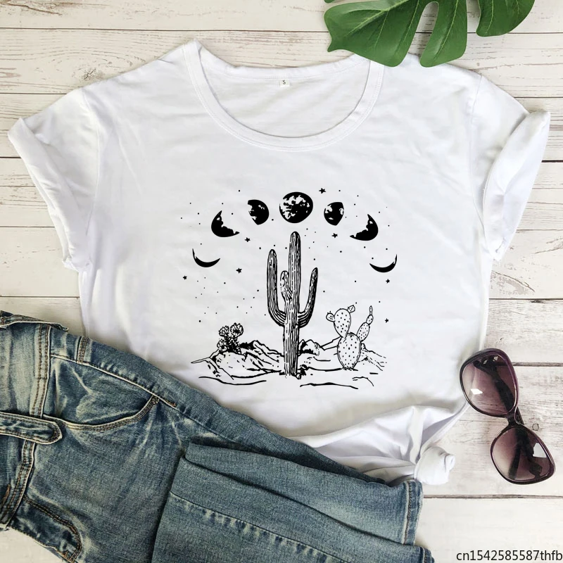 

Fashion Graphic Adventure Moon Phases Desert Cactus T-shirt Women Outdoorsy Tee Top Aesthetic Summer Short Sleeve Tshirt