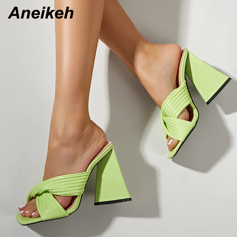 

Сексуальные туфли Aneikeh на каблуке-шпильке, искусственная кожа, закрытые плиссированные высокие туфли, летние туфли с открытым носком, слипо...