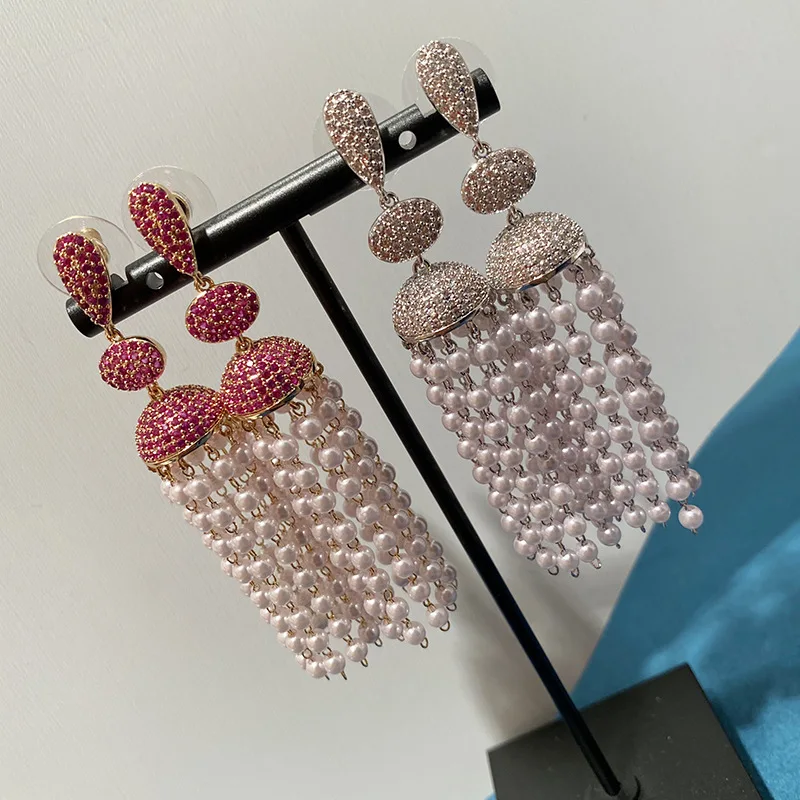 

Colorful Cubic Zircon Pearl Tassel Long Hanging Earrings Wheat Ears Chain Korean Pop For Women Jewelry Friends Gift
