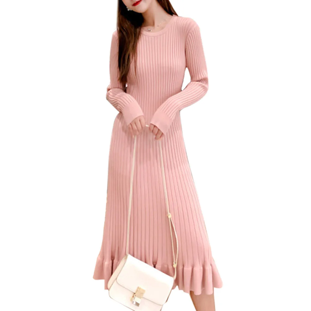 Женское платье с длинным рукавом однотонное круглым воротником и рисунком рыбий