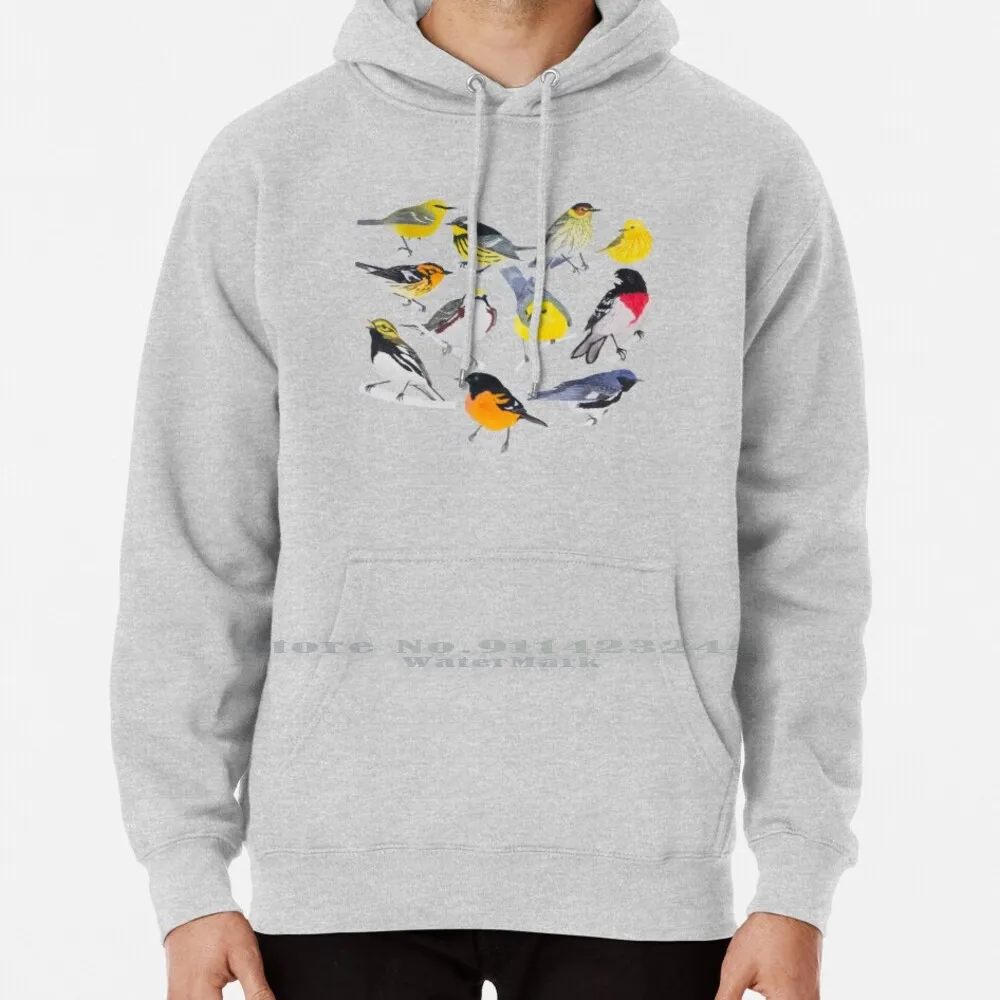 

Springtime Birds Hoodie Sweater 6xl Cotton Birds Warbler Nature Colorful Animals Watercolor Oriole Grosbeak Rose Prothonotary