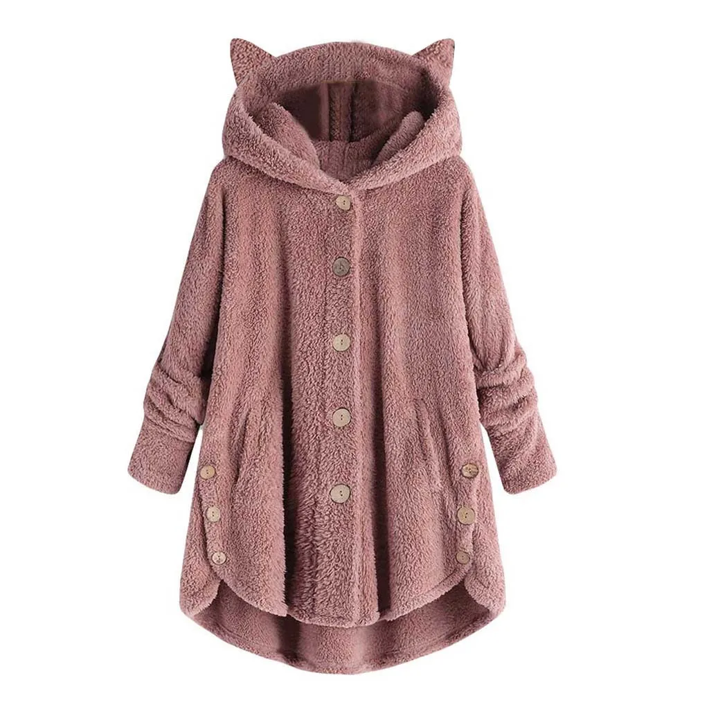 

Cute Women Button Solid Tops Cat Ears Hooded Plush Pullover Loose Blouse Plus Size Femme Hiver Comfortable Women Blouse