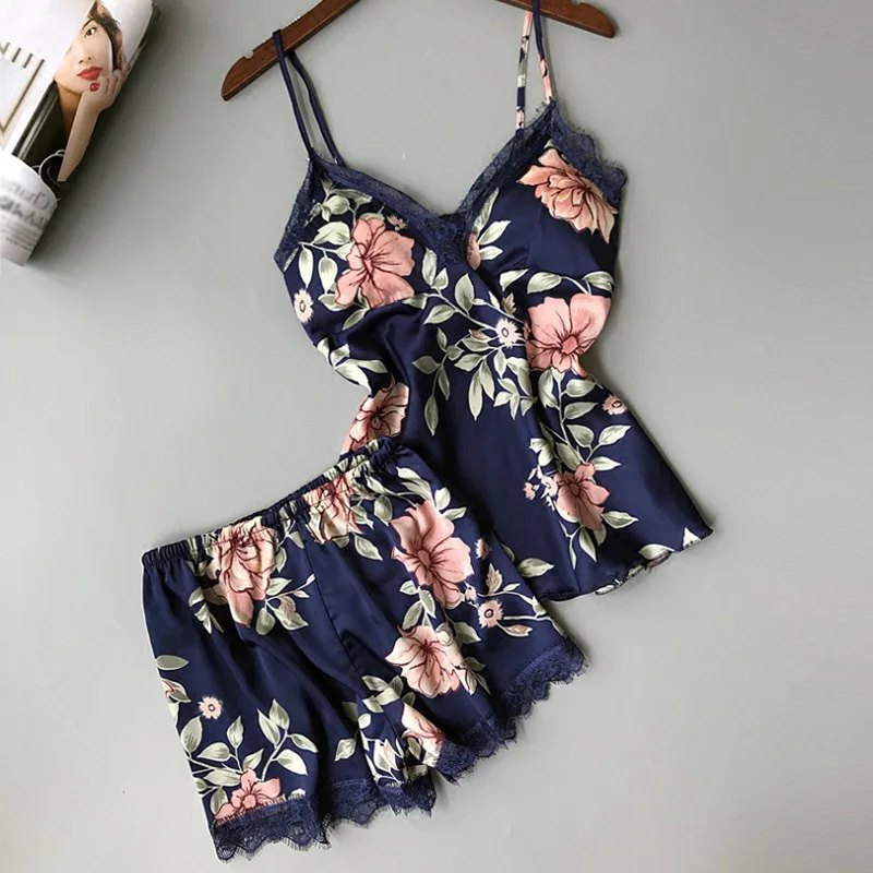 Сексуальная пижама с принтом для женщин топ на бретельках и шорты кружевные