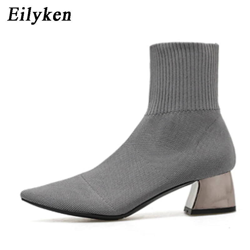 Gray EilyKen/Коллекция года; сезон осень-зима; вязаные носки из эластичной ткани; женские ботинки; короткие ботинки на низком каблуке; цвет серый; женские ботильоны с острым носком - Цвет: Gray