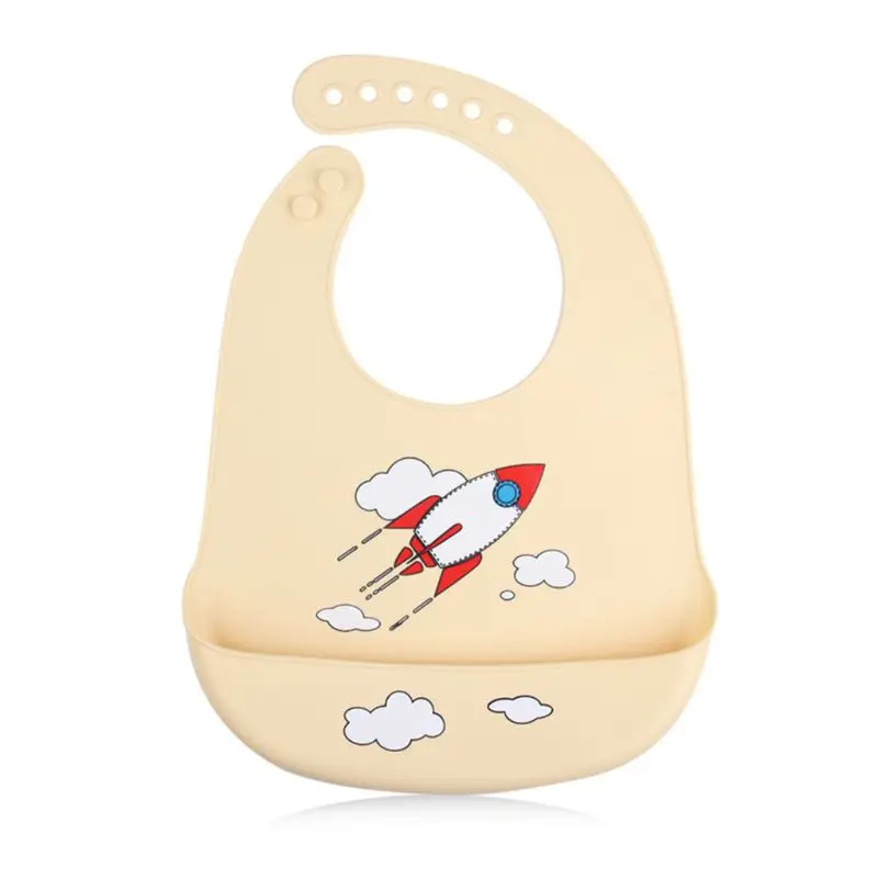 

066B Waterproof Silicone Baby Bibs Candy Color Cartoon Plane Rocket Print Toddlers Feeding Weaning Food Crumb Catcher Pocket