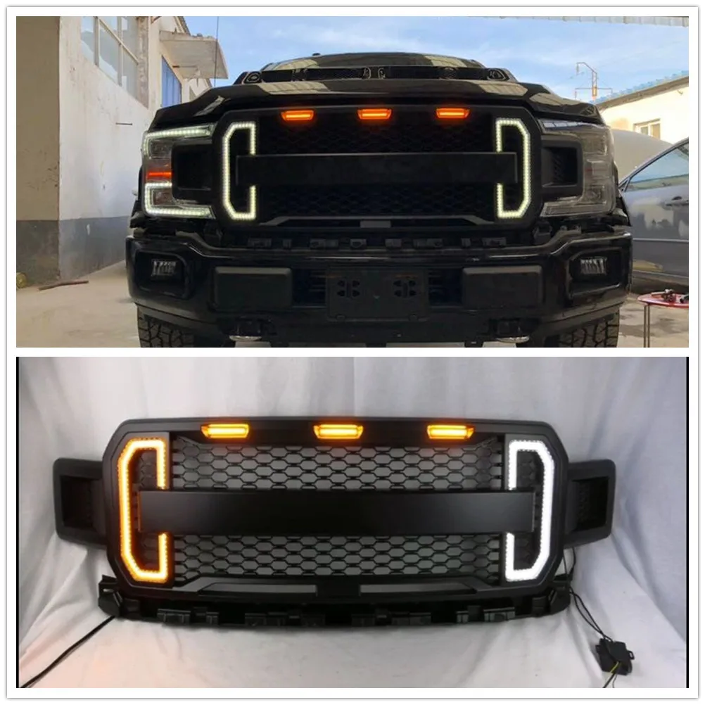 Front Grille For Ford F150 F-150 2018-2019 Black Raptor Style Car Upper Bumper Hood Mesh Grill With Amber LED Lights Body Kit