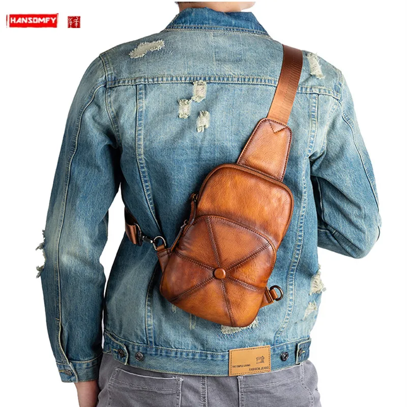 Men Chest Bag Vintage Leather crossbody Bag Male Shoulder Messenger bag casual soft leather Short Trip chest bags Pack Hat shape