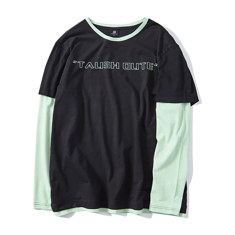 

XL-6XL quality plus size 95cotton men's long-sleeved Fake two T-shirt hit color letter printing autumn loose O-neck casual