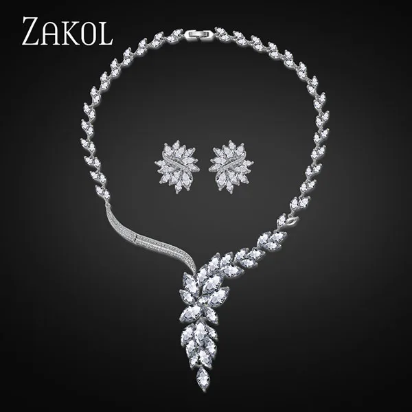 White ZAKOL свадебный ювелирный набор, Свадебный кулон, цветок, серьги-гвоздики с кристаллами, колье, массивное ожерелье, наборы для подружки невесты, Christma FSSP003 - Окраска металла: White