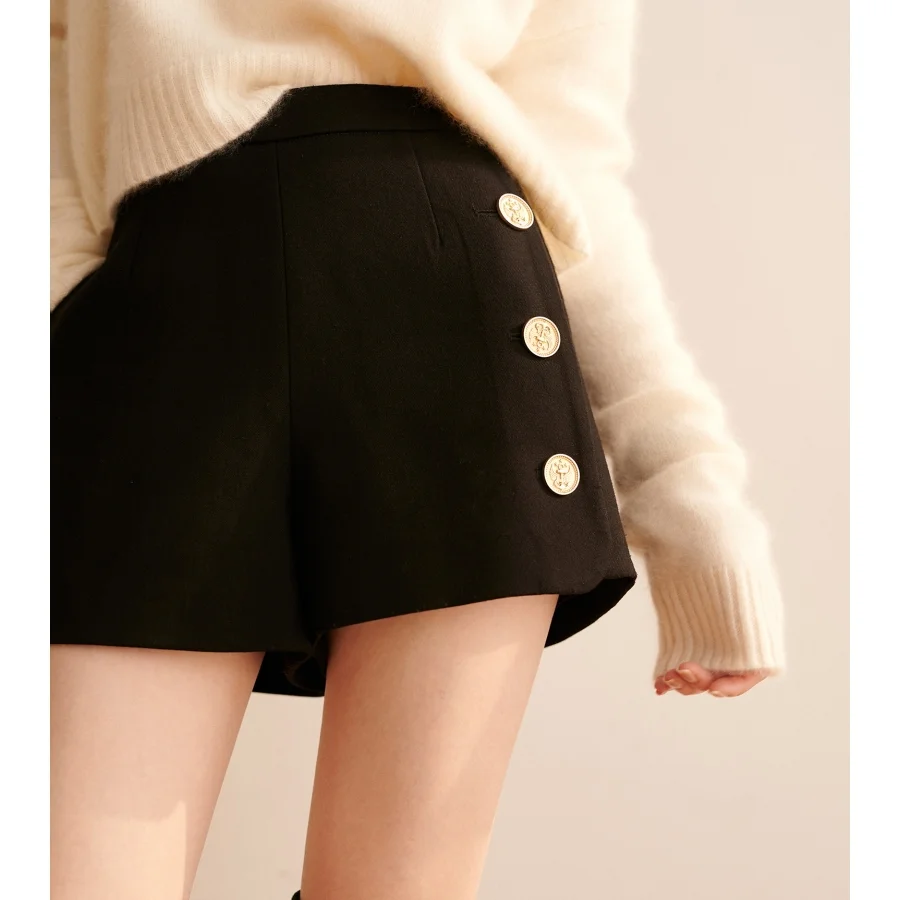 

Шорты женские с завышенной талией и металлической пуговицей, модные черные Ретро штаны в Корейском стиле, женская одежда, DI50DK