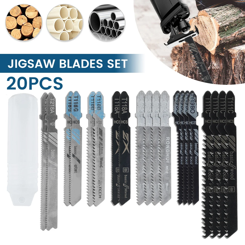 

20Pcs Jigsaw Blades Set T-Shaft HCS Assorted Jig Saw Blades Wood Plastic and Metal Cutting Incl Plastic Box