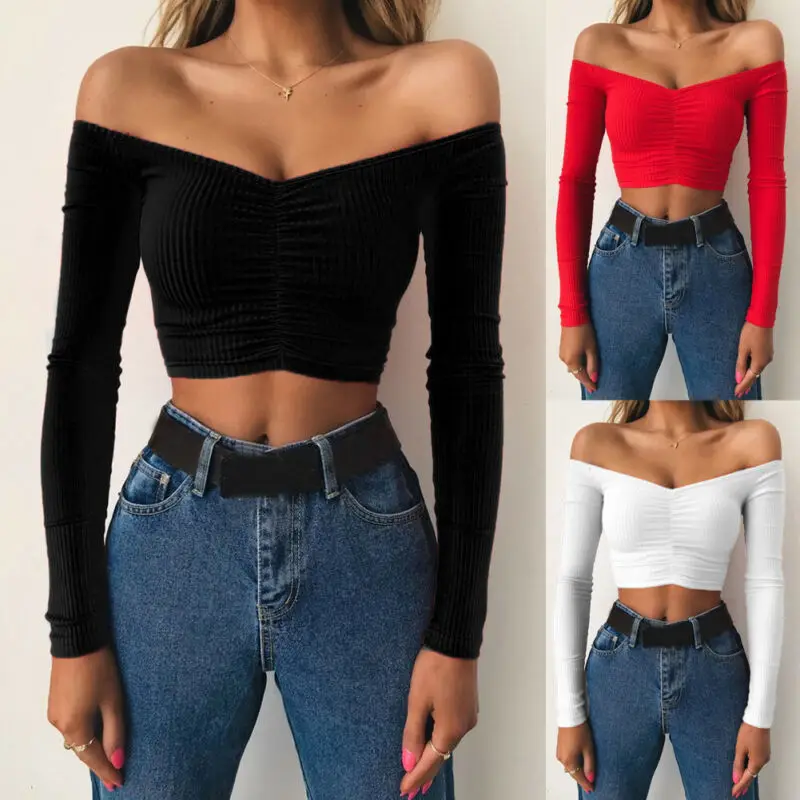 

Summer Autumn Sexy Off Shoulder Women Long Sleeve T-Shirt Casual Pullover Tops Slim bodycon Fashion basic Shirt Crop Tops