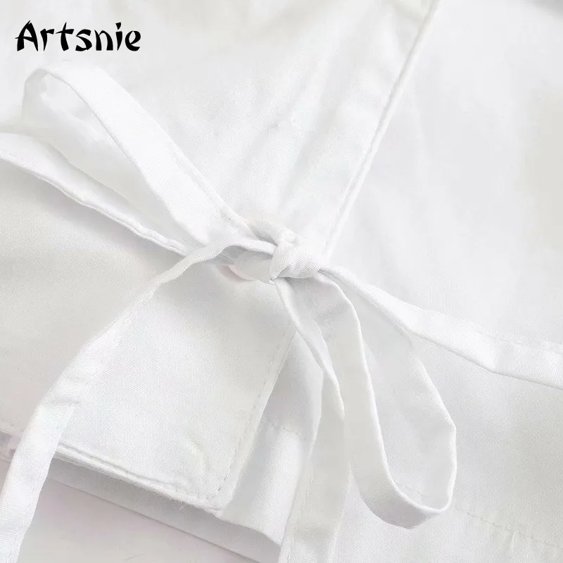 

Artsnie white casual lace up blouse women spring turn down collar long sleeve tops shirt mujer vintage button blouses blusas