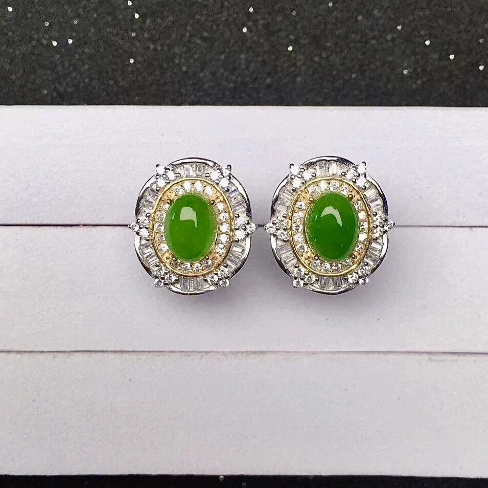 

Chinese Green Jade Stud Earrings for Daily Wear 6mm*8mm Natural Jade Earrings Solid 925 Silver Jade Jewelry