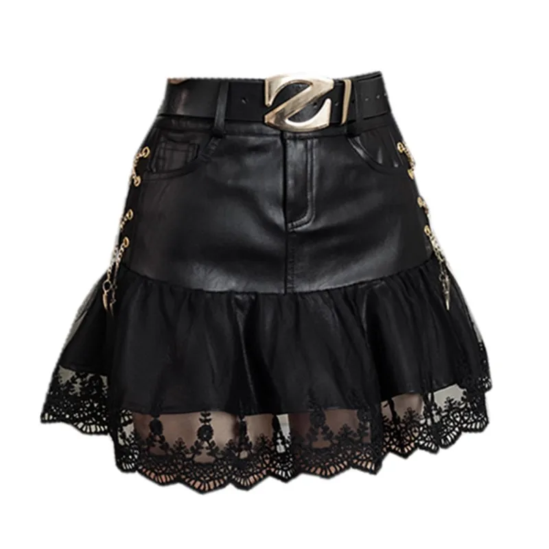 

Women Leather Skirt Chic European High Waist Patchwork Mesh Sexy Girls Pu Bottom Spring Autumn New