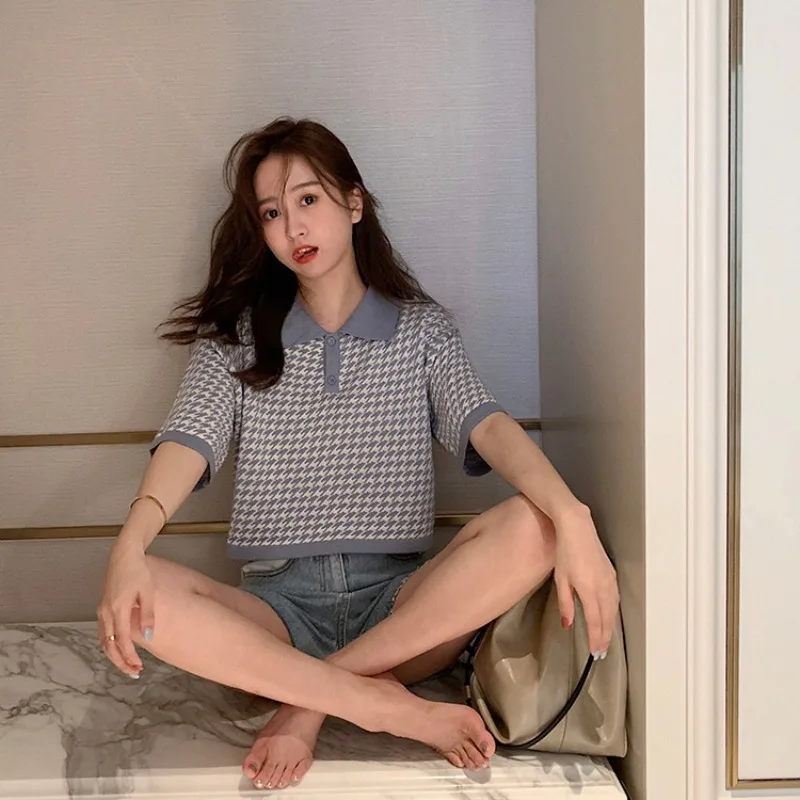 Женские винтажные топы с узором гусиная лапка летние свободные повседневные