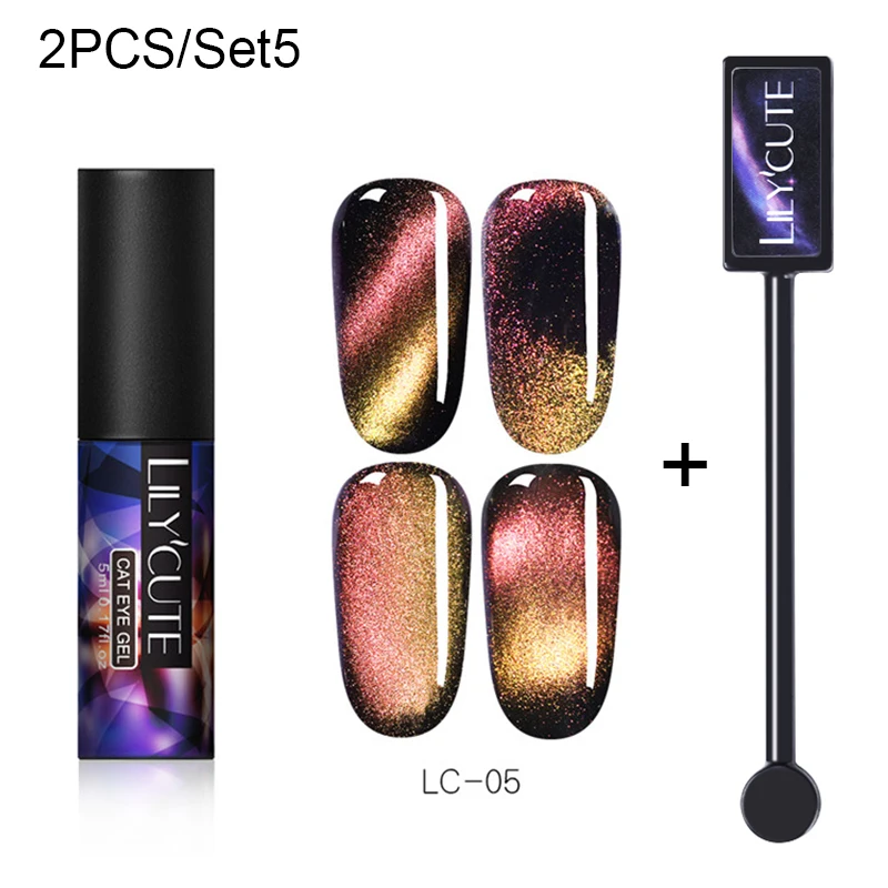 2 PCS 5 LILYCUTE, 5 мл, 9D, Auroras, магнитный гель кошачий глаз, набор, долговечный Блестящий лазер для ногтей, художественный Гель-лак для ногтей, впитывающий УФ-Гель-лак - Цвет: 2 PCS 5