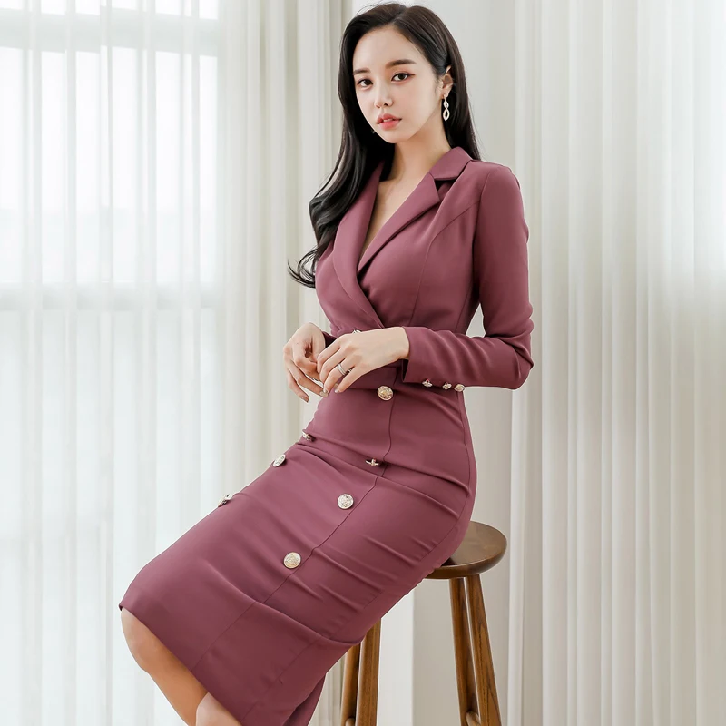 

Women Eleagnt Solid Slim Waist Blazer Dress Double Breasted With Belt Long Sleeve Female Office Ladies Vestidos Dresses
