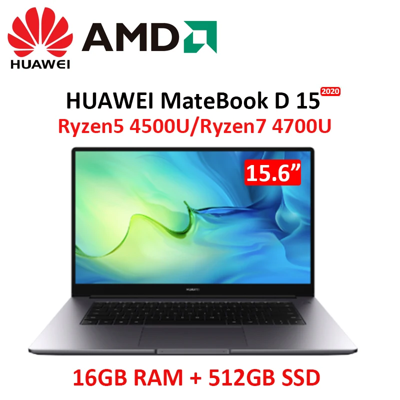 

Ультратонкий ноутбук HUAWEI MateBook D 15, ноутбук Ryzen 7 4700U, процессор 16 Гб ОЗУ 512 Гб SSD, экран 15,6 дюйма, блокнот для офиса и обучения