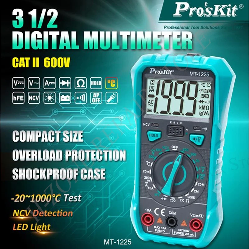 

Pro'sKit MT-1225 3-1/2 THE VERSATILE DIGITAL MULTIMETER For ACV DCA DCV Resistance Diode test Triode test and Continuity test