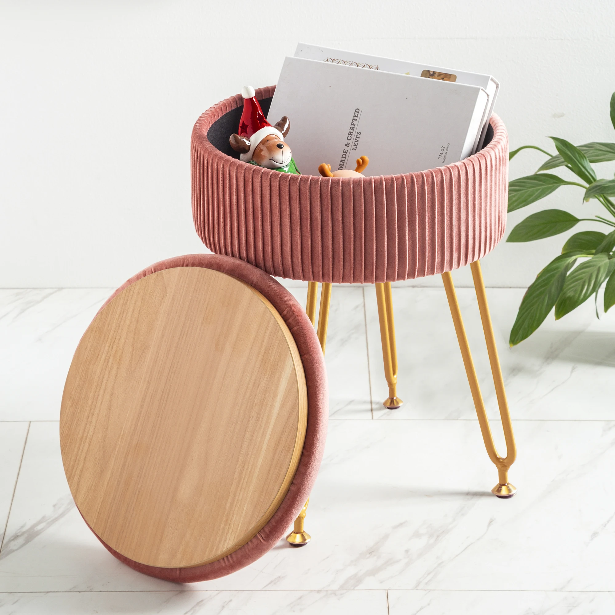 

LUE-BONA Pink Velvet Storage Ottoman Stool Round Footrest Vanity Stool with Metal Legs Suitable for Living Room and Bedroom