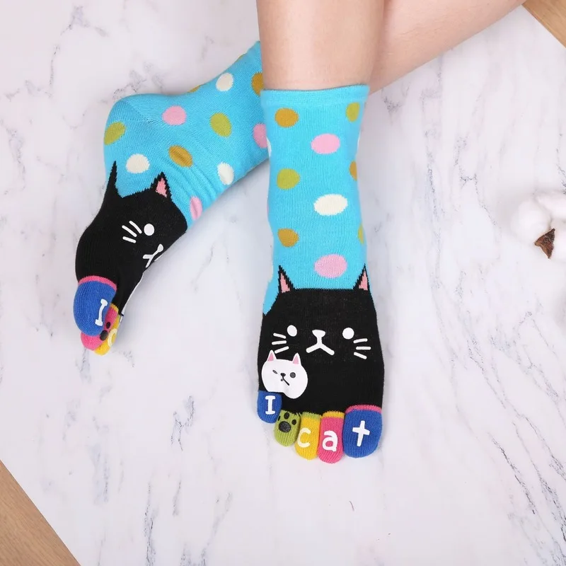 

Brand New Woman Cute Cat Printed Rubber Cartoon Five-finger Socks Women Cotton Tube 4 Season Five-finger Socking Tube MKG505
