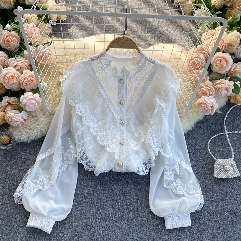 

Сетчатая кружевная Лоскутная рубашка с пышными рукавами и вырезами, женская блузка в стиле пэчворк, универсальная женская блузка, шикарная ...