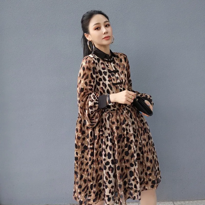 

Summer New Office Lady Dress Streetwear Leopard Print Chiffon Midi Dress Fashion Loose Puff Sleeve Pullover A-Line Dress S-L