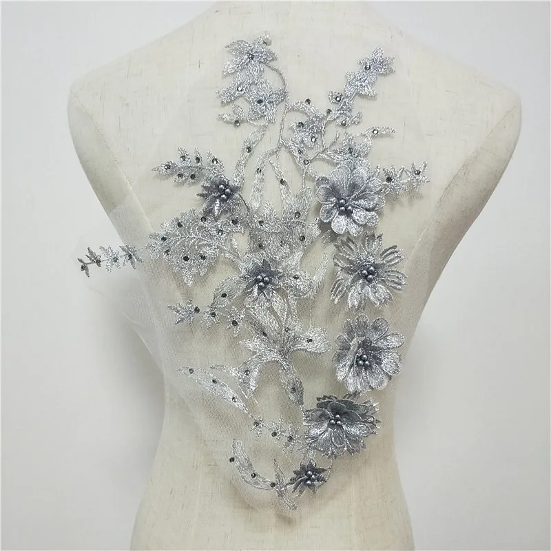 Черная кружевная аппликация с 3D бусинами темно-синяя вышитая свадебная для