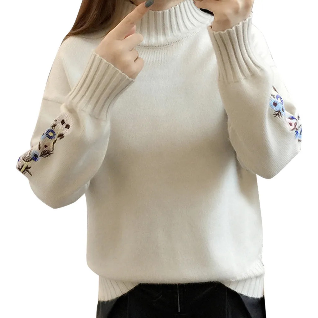 Beige New Loose Thick Warm Winter Pullover Sweater Women Embroidery Jumper Half Turtleneck Long Sleeve Knit Yellow Sweater Female - Color: Beige