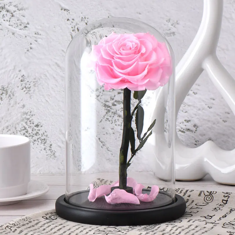 pink rose Искусственные цветы, красные розы, украшение, красота и чудовище, со стеклянным куполом, деревянная основа, искусственные цветы на год, подарки на день Святого Валентина - Цвет: pink rose