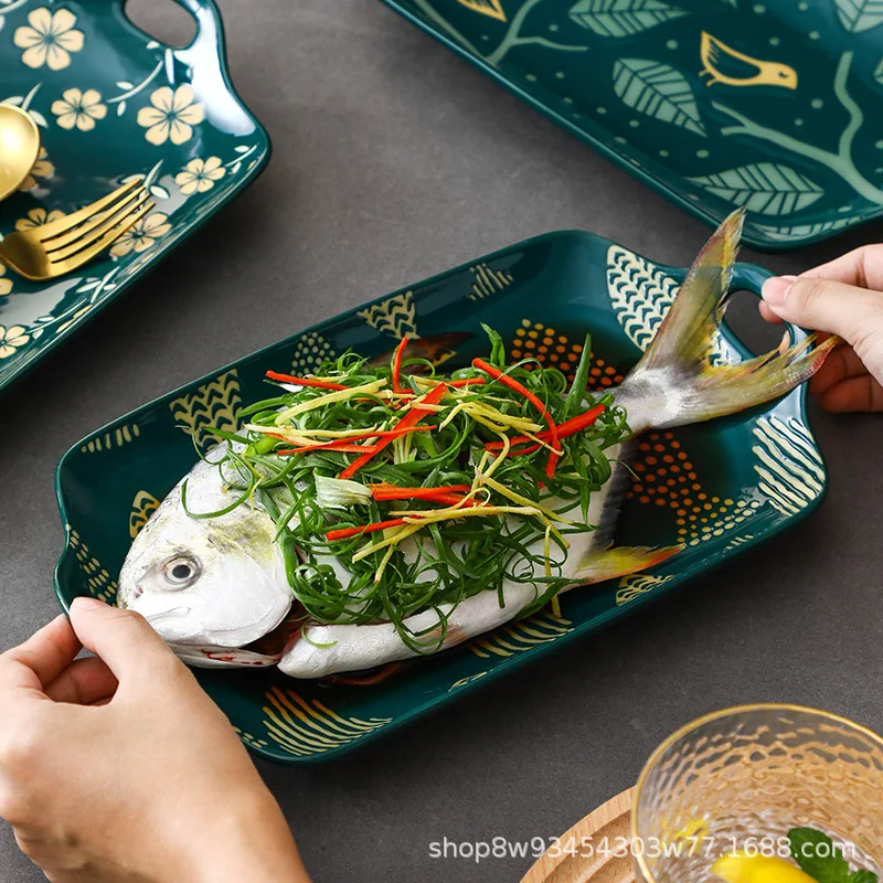 Nordic household 12 inch ceramic large fish plate double ear deep dish baking sushi tableware wholesale | Дом и сад