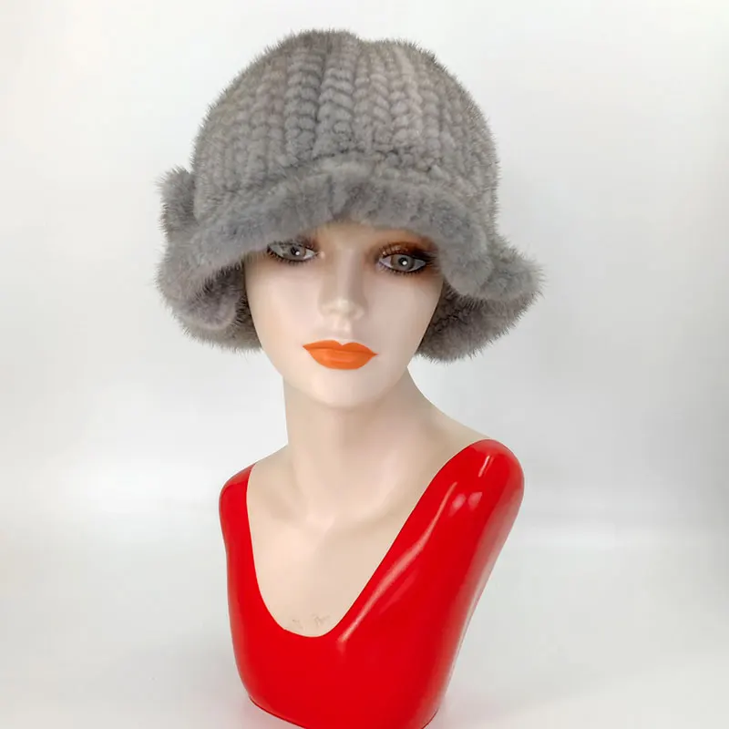 Winter Women's Russian Mink Knit Hat Warm Middle-aged Women's Bucket Hat Free Shipping