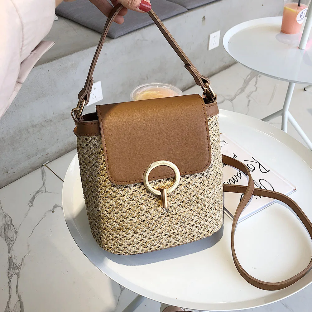 

Women Vintage Beach Bucket Woven Straw Shoulder Flap Weaving Basket Beach Holiday Handbags Summer Basket Girls Totes Bag