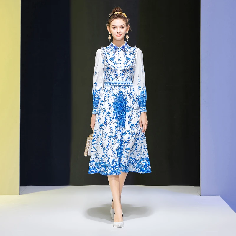 

Женское дизайнерское платье миди с блестками, винтажное шикарное Повседневное платье с длинным рукавом, отложным воротником, кружевным син...